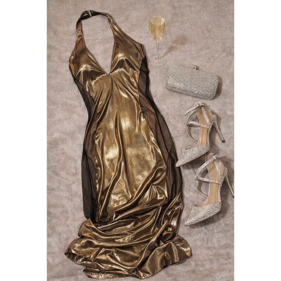 Victoria’s Secret Bronze Metallic Halter Maxi Dress Open Back Size L - Picture 3 of 3